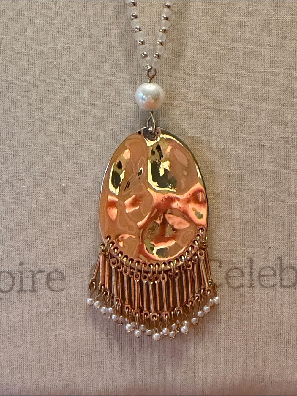Kaairi Blue Goldtone Hammered Pendant with Goldtone Fringe and Faux Pearl - Picture 2 of 5